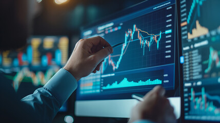 A male professional in a suit views a computer display