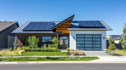 Modern Eco-Friendly House with Solar Panels in Suburban Neighborhood on a Sunny Day