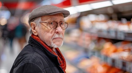 Elderly man wearing glasses and a hat shopping in a supermarket, looking thoughtfully at products on shelves.