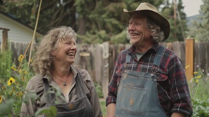 Fototapeta premium Happy Senior Couple Gardening Outdoors in a Rustic Backyard