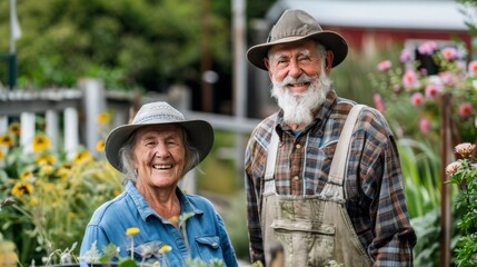 Fototapeta premium Smiling Elderly Couple Gardening Outdoors with Sunflowers and Wildflowers in a Rustic Setting