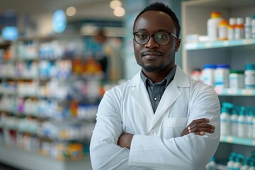 Fototapeta premium Confident black pharmacist in drugstore with health products.