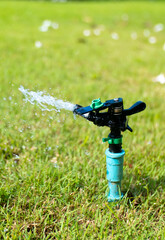 Sprinkler for automatic lawn watering. Lawn cultivation and care, garden irrigation devices. Rainbow over the garden on a sunny day.