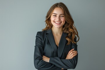 Young professional woman in suit smiling with arms crossed.