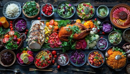 A festive spread of colorful dishes including a roasted turkey, vibrant salads, and decadent desserts, laid out on a beautifully decorated dining table
