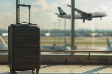Modern suitcase against airport window with airplane taking off in the background. Reflecting anticipation of travel. Conceptual travel imagery in serene setting. Perfect for travel ads. Generative AI