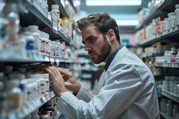 Fototapeta premium Handsome pharmacist working in pharmacy checking medications on shelf.