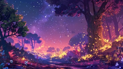 Fototapeta premium Starry Night Forest Landscape with Glowing Fireflies and Enchanted Trees