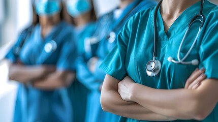 Group of medical professionals wearing blue scrubs and stethoscopes standing confidently in a hospital corridor Emphasizes teamwork, dedication, the importance of healthcare workers