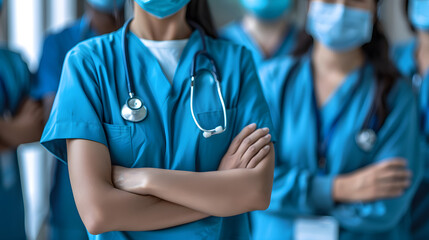 Group of medical professionals wearing blue scrubs and stethoscopes standing confidently in a hospital corridor Emphasizes teamwork, dedication, the importance of healthcare workers