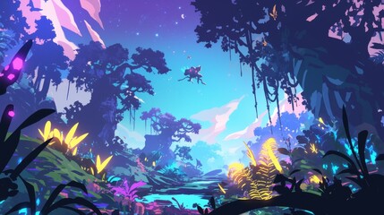 Surreal Alien Landscape with Vibrant Colors and Floating Characters in a Fantasy World