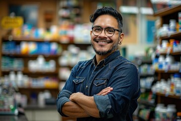 Happy medical shop owner showcases successful small business.