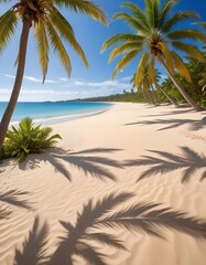 Obraz premium Beneath the palm trees sway gently in the warm breeze, their fronds casting dappled shadows on the golden sands of the beach