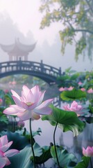 Serene lotus pond with traditional Chinese bridge, tranquil nature scene