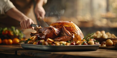 Naklejka premium Chef carving a roasted turkey for a festive family dinner, representing tradition and culinary craftsmanship