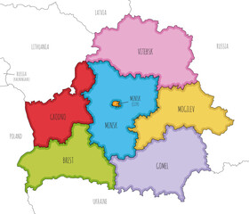 Vector illustrated map of Belarus with regions or oblasts and administrative divisions, and neighbouring countries. Editable and clearly labeled layers.