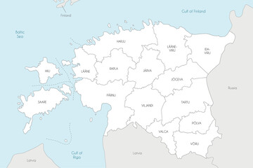 Vector regional map of Estonia with counties and administrative divisions, and neighbouring countries and territories. Editable and clearly labeled layers.