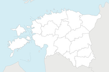 Vector regional blank map of Estonia with counties and administrative divisions, and neighbouring countries and territories. Editable and clearly labeled layers.