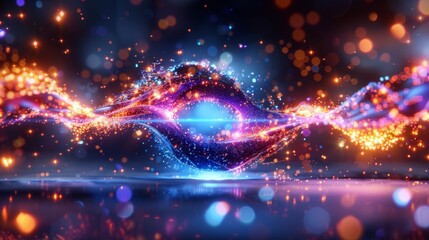 Obraz premium Abstract digital art with vibrant colors, showcasing a futuristic energy wave with glowing particles and light effects. Perfect for tech and innovation themes.