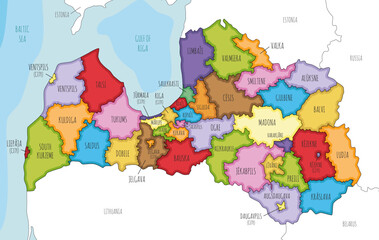 Vector illustrated regional map of Latvia with state cities and municipalities and administrative divisions, and neighbouring countries and territories. Editable and clearly labeled layers.