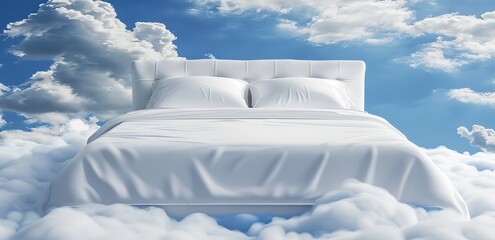 Illustration of a white bed and pillow floating surrounded by clouds in the blue sky