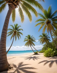 Obraz premium Beneath the palm trees sway gently in the warm breeze, their fronds casting dappled shadows on the golden sands of the beach