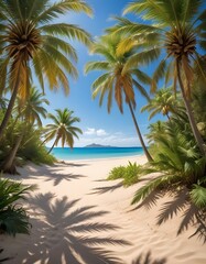 Obraz premium Beneath the palm trees sway gently in the warm breeze, their fronds casting dappled shadows on the golden sands of the beach