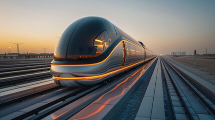 A creative shot of a magnetic levitation train, floating above its tracks due to powerful electromagnets, showcasing the advanced application of electromagnetic principles in moder