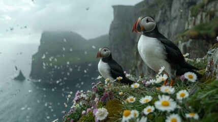 Fototapeta premium Puffins on a cliff with blooming flowers, foggy coastline with rocky cliffs in background. Wildlife and nature photography concept