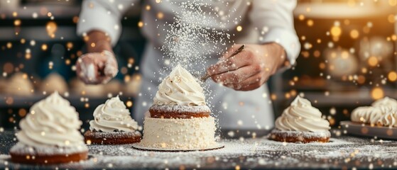 Chef decorating a wedding cake with intricate icing designs, showcasing pastry artistry and celebration themes