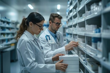 Two pharmacists checking inventory at hospital pharmacy. Hospital staff stocktaking in drugstore.