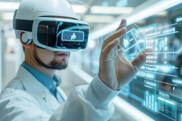 A futuristic bank teller assisting a customer with augmented reality glasses, showing holographic account details Sci-fi, 3D, High Contrast