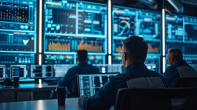 A group of engineers in a control room, attentively observing monitors and screens displaying data and measurements, highlighting the importance of monitoring and control in comple