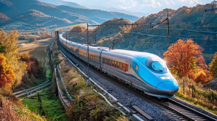 A high-speed train traveling through a scenic landscape, powered by clean energy and promoting eco-friendly transportation options as part of a sustainable future.