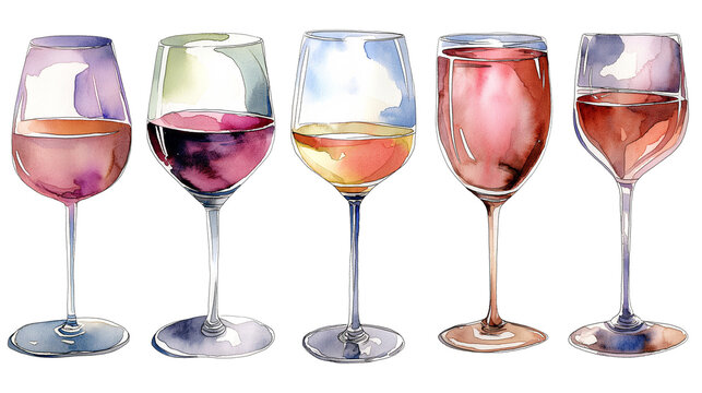 A series of wine glasses are shown in a row isolated on a transparent background