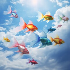 Naklejka premium backdrop with blue sky and colorful flying fish , generated by AI. High quality photo