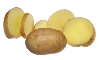 Fresh raw potato whole and slices flying isolated on white, clipping path