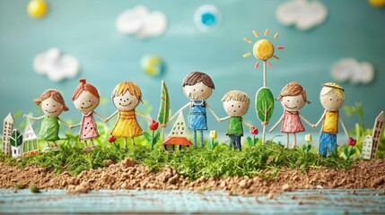 A group of happy children holding hands in a green field with a blue sky background.