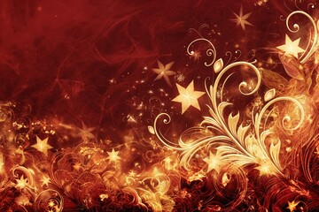 Elegant Red Background with Gold Swirls and Stars Design