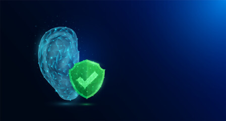 Ear human organ anatomy in style polygonal with check mark in green shield glowing on dark blue background. Medical science protection symbol concept. Banner empty space for text. Vector EPS10.