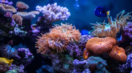 Obraz premium Vibrant Underwater Coral Reefs with Colorful Fish and Exotic Marine Life in a Deep Blue Ocean