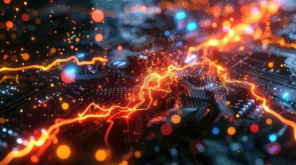 Obraz premium An artistic representation of an electrical current flowing through a complex network of wires and circuits, with bright, colorful sparks symbolizing the power and energy that driv