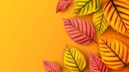 Fototapeta premium Vibrant autumn leaves in yellow, orange, and red hues on a bright yellow background. Perfect for seasonal, nature, or fall-themed designs.