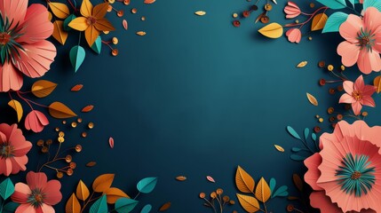 Obraz premium Vibrant paper flower arrangement framing a teal background. Perfect for creative projects, invitations, or artistic designs.