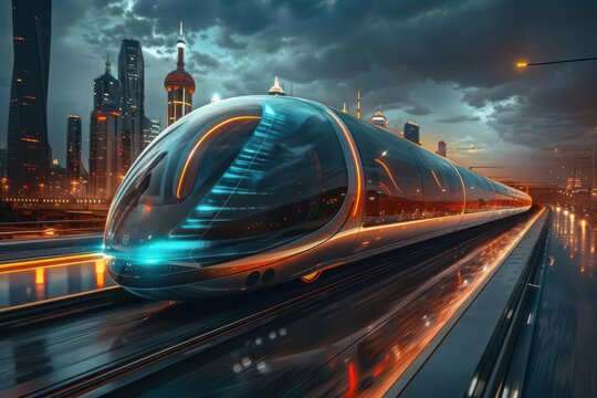 Futuristic transportation, hyperloop train, sleek design, cityscape background, advanced travel technology
