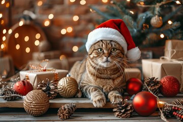 Obraz premium Tabby Cat Wearing Santa Hat Surrounded by Christmas Decorations