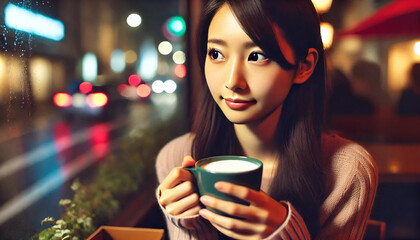 夜のカフェでコーヒーを飲む女性