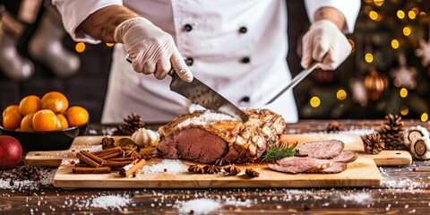 Chef preparing a festive holiday meal, with seasonal decorations and rich dishes, showcasing celebration and tradition