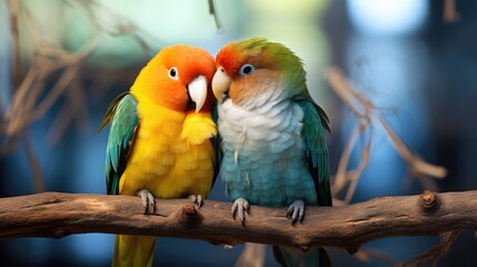 Obraz premium Beautiful parrots sitting on tree branch birds of australia loving each other, birds love concept lightning and blurred background