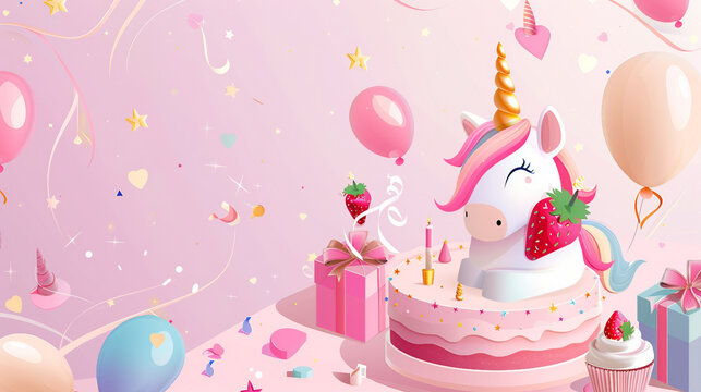 Happy birthday greeting vector background with text, strawberry unicorn cake, gift boxes, and balloons. Perfect for celebration, party invitation, or festive card design in pink theme.